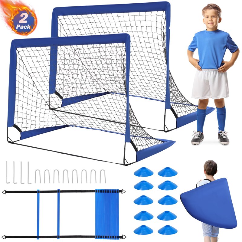 Portable Soccer Goal Set of 2 3x4 ft with Ladder & Cones – Training Nets (Blue)