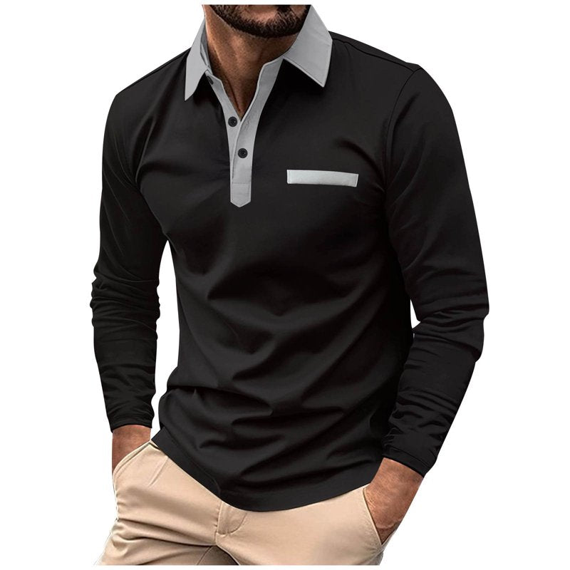 Men's Long Sleeve Polo Shirt with Pocket - Casual Cotton Golf Top