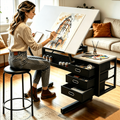 Adjustable Art Drafting Table with Storage Stool and 3 Drawers - White or Brown