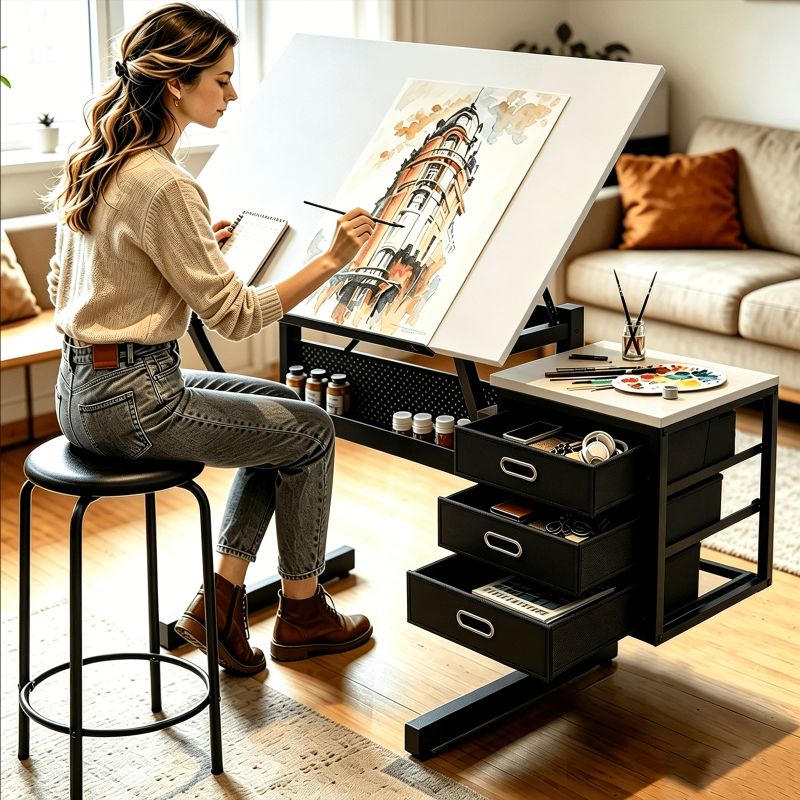 Adjustable Art Drafting Table with Storage Stool and 3 Drawers - White or Brown