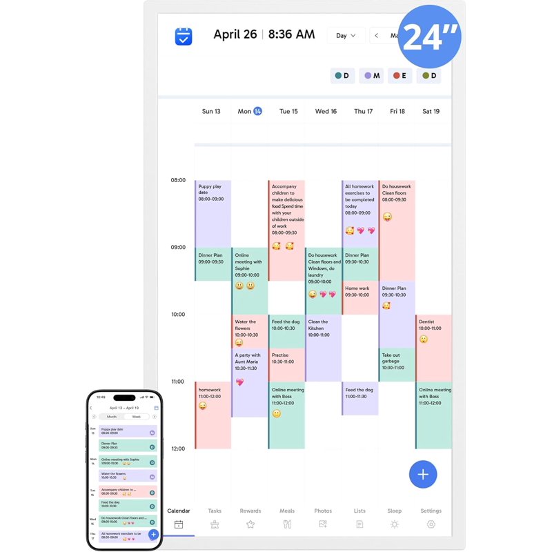 24 Inch Digital Family Calendar Touchscreen Wall Planner with Chore Chart