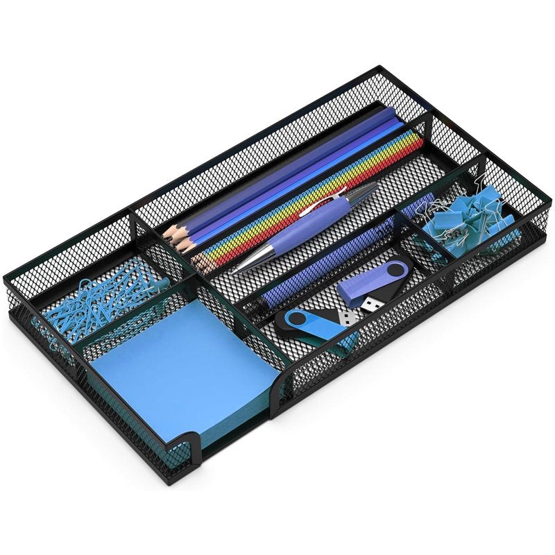 Metal Mesh Drawer Organizer for Office Supplies and Household Items - 6 Compartments, Black, 11x6.1x1.38 Inches