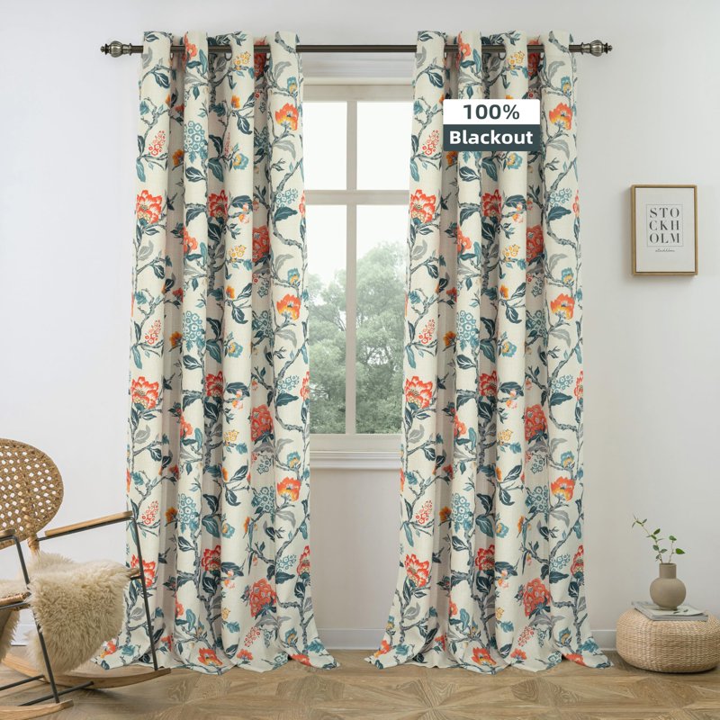Thermal Blackout Window Curtains Set of 2 - Floral Botanical Linen Look 52x84 Inches