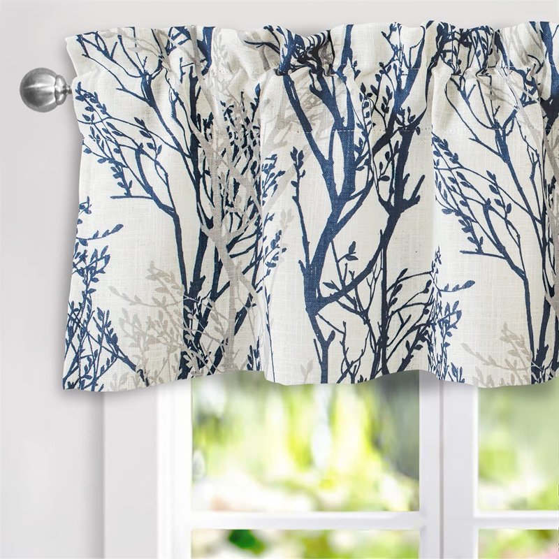 Linen Tree Branch Valance for Windows - Thermal Insulated, 52x14 Inches, Blue
