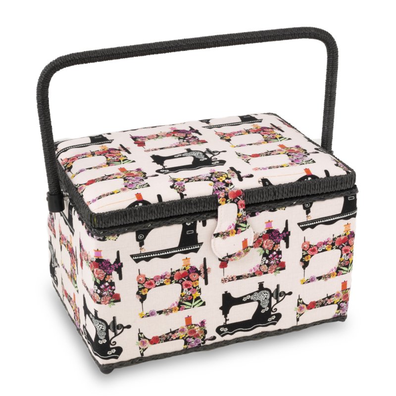 Large Pink Sewing Basket with Floral Print and Removable Tray