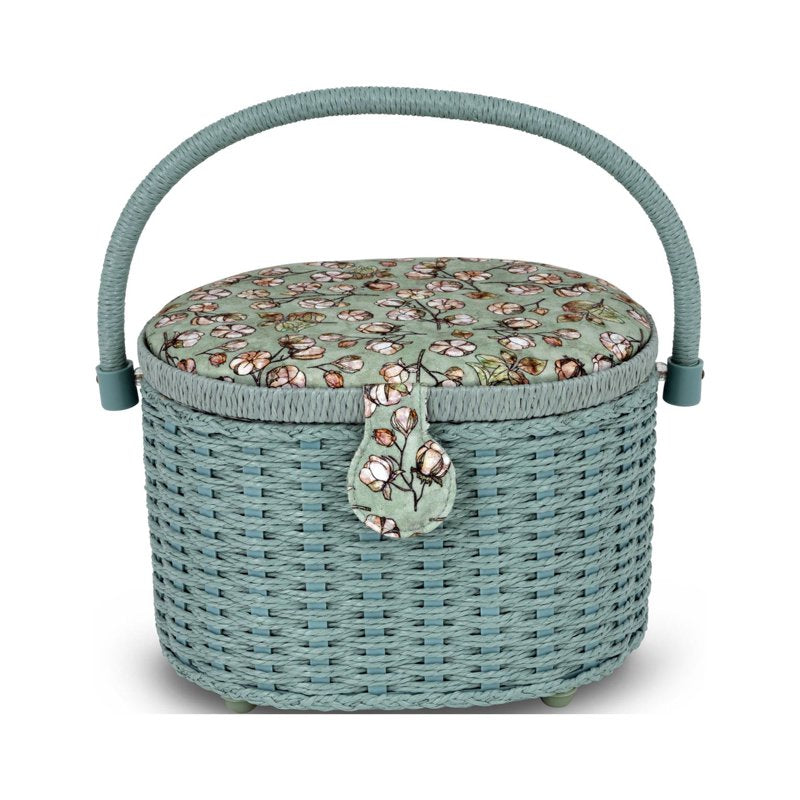 Small Oval Sewing Basket with Pincushion and Removable Organizer - Green Floral