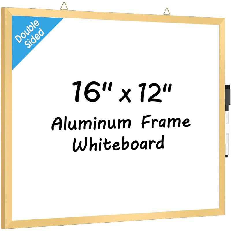 Small Double-Sided Dry Erase Board with Gold Frame, 16 x 12 Inches, Wall Mountable, Includes Marker