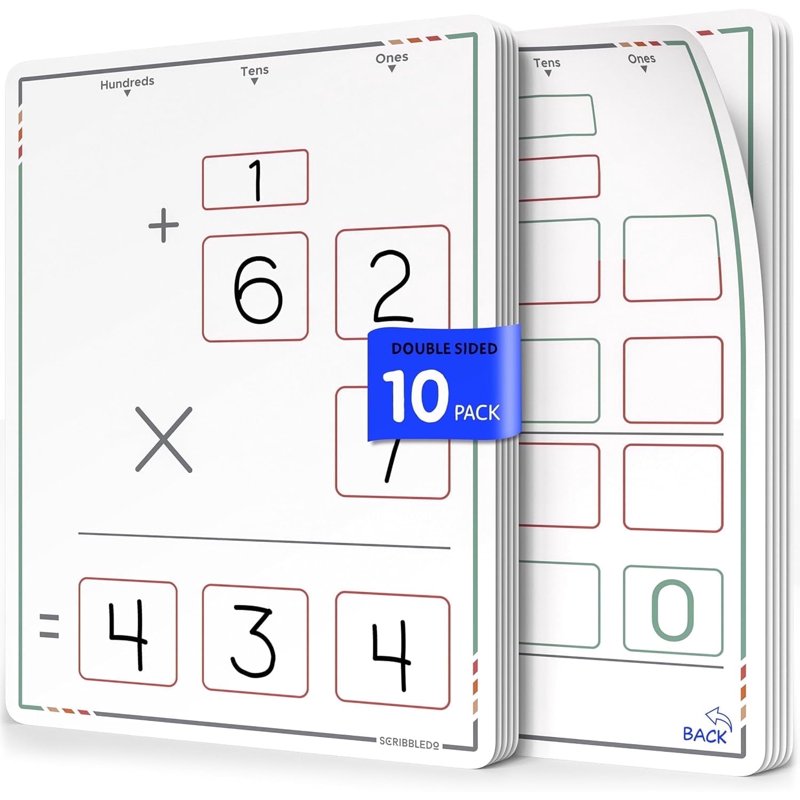 Double-Sided Dry Erase Sheets for Multiplication Practice - 9” x 12”, 10-Pack