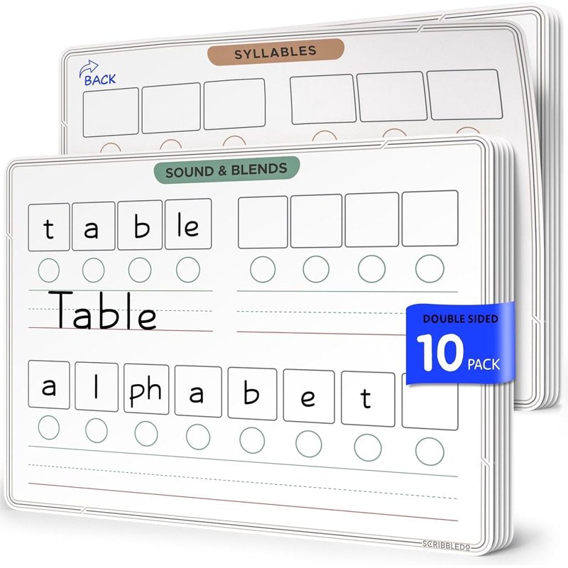 Double-Sided Phonics Dry Erase Sheets for Kids 9x12 Inch, Pack of 10