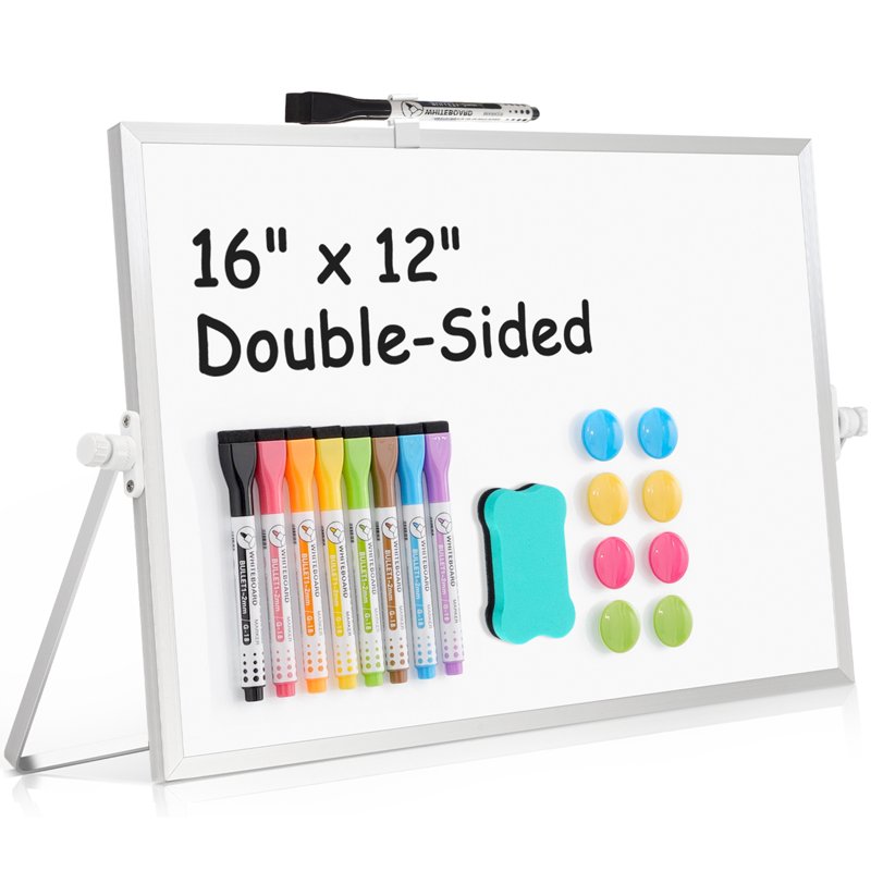 Double-Sided Magnetic Whiteboard Desktop White Board with Stand, 16x12 Inch, Portable Dry Erase Board with Markers & Magnets