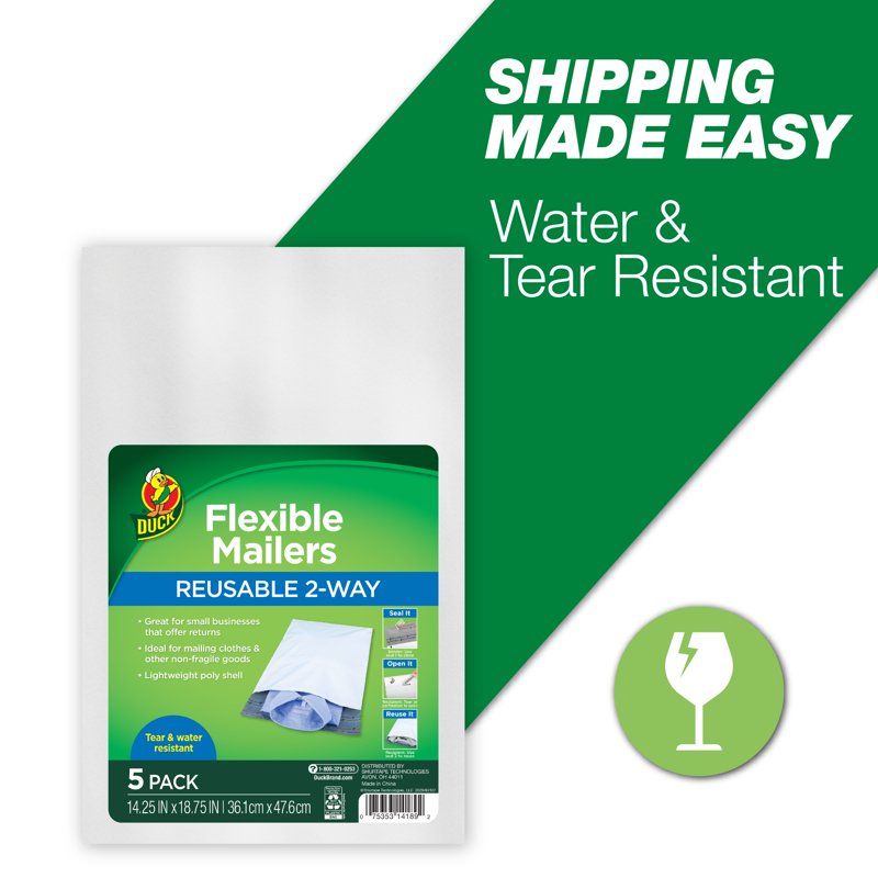 Reusable Poly Mailers 14x18 Inch - Water-Resistant Self-Seal Packing Bags, 5 Pack