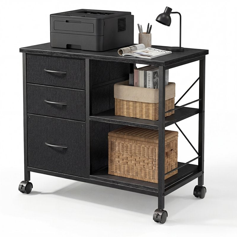 Mobile File Cabinet with 3 Fabric Drawers and Open Shelf - Black, White, Rust