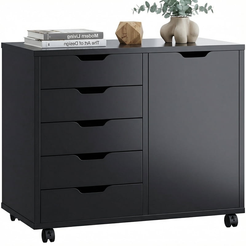 5-Drawer Wooden File Cabinet with Mobile Casters and Adjustable Shelves