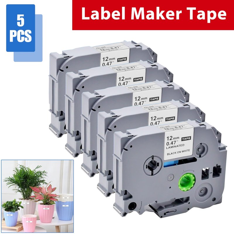 5-Pack Laminated Label Tape Replacement for Brother TZe-231 - 12mm White