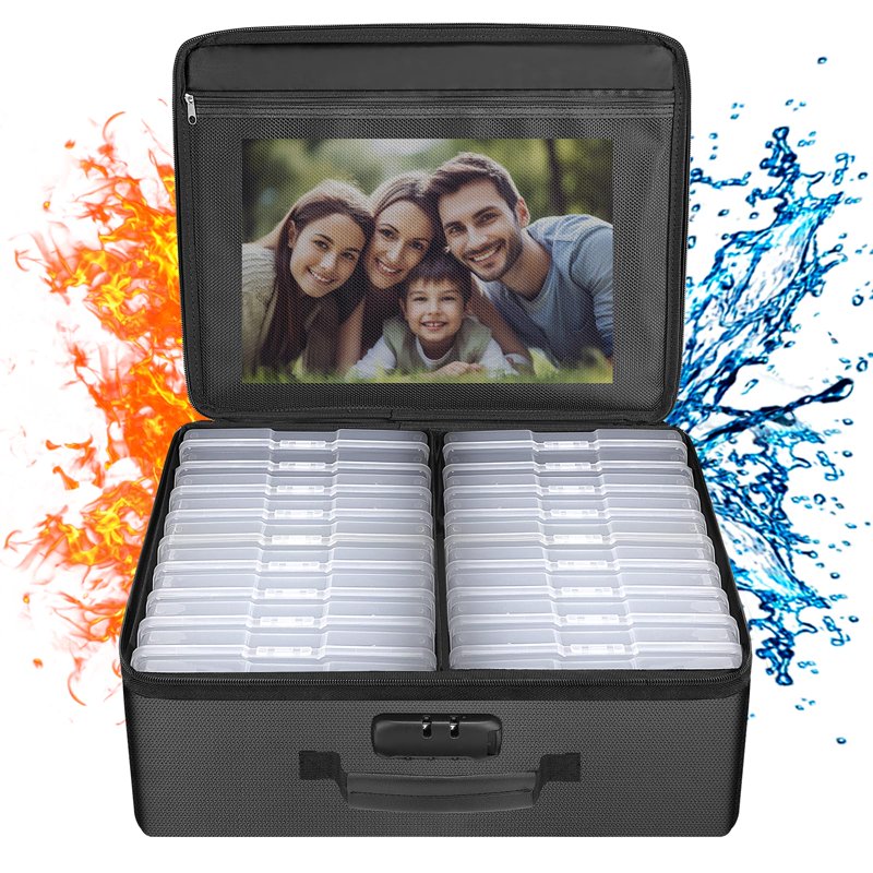 Fireproof Photo Storage Box with Lock and 18 Photo Cases - 4x6 Inch Organizer for Photos, Documents, Valuables