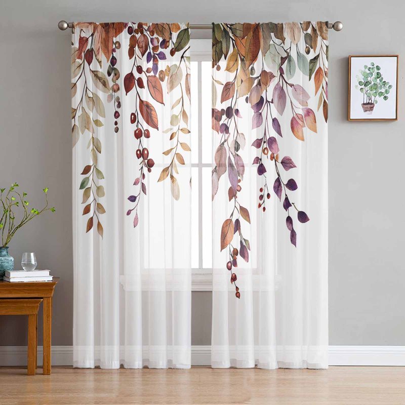 Fall Leaves Sheer Curtains Set - Watercolor Leaf Fruit Berry Design, 52x84 Inch, 2 Panels