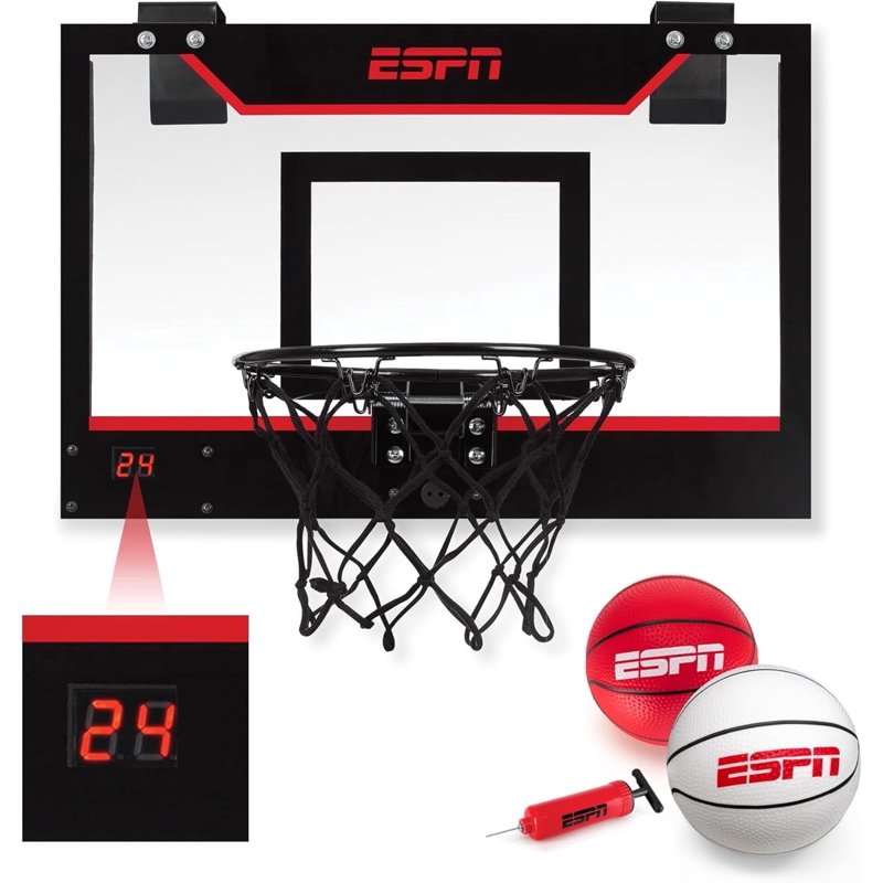ESPN Mini Basketball Hoop with Electronic Scoring - Over Door, Includes Balls & Pump