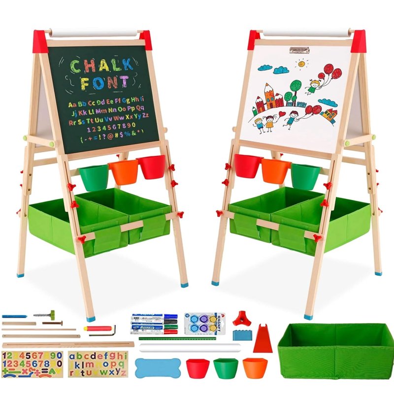All-in-One Toddler Art Easel with Whiteboard, Chalkboard, Paper Roll & Storage Bins