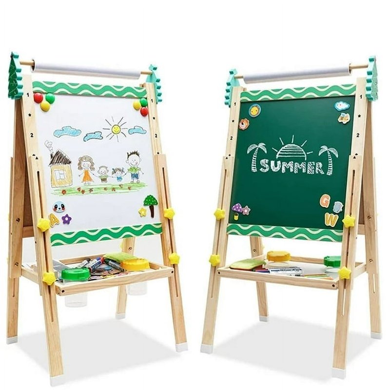Kids Wooden Art Easel with Paper Roll Double-Sided Adjustable Stand & Accessories