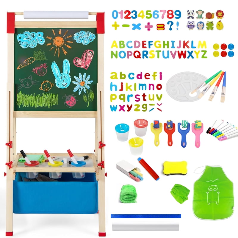 Kids Wooden Art Easel with Magnetic Chalkboard Whiteboard & Paper Roll - Height Adjustable & Storage