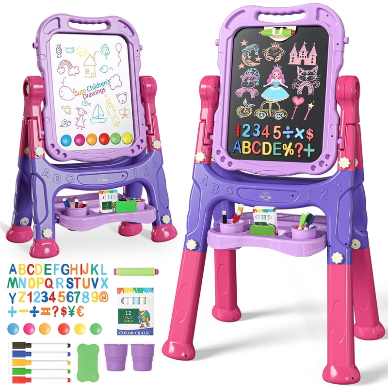 Kids Art Easel 4-in-1 Double-Sided Magnetic Chalkboard & Whiteboard Adjustable Height Purple