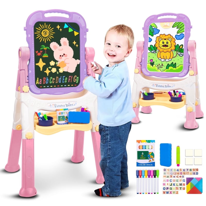 Kids Adjustable Art Easel with Whiteboard & Chalkboard - Toddler Drawing Gift