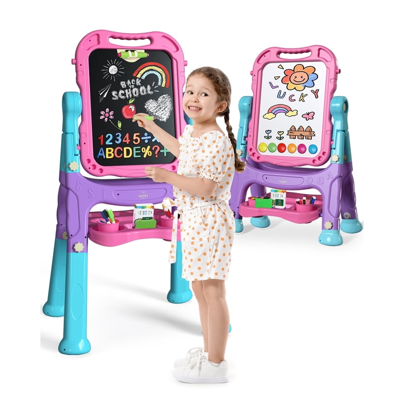 Kids Art Easel 4-in-1 Rotatable Double-Sided Drawing & Chalkboard Pink