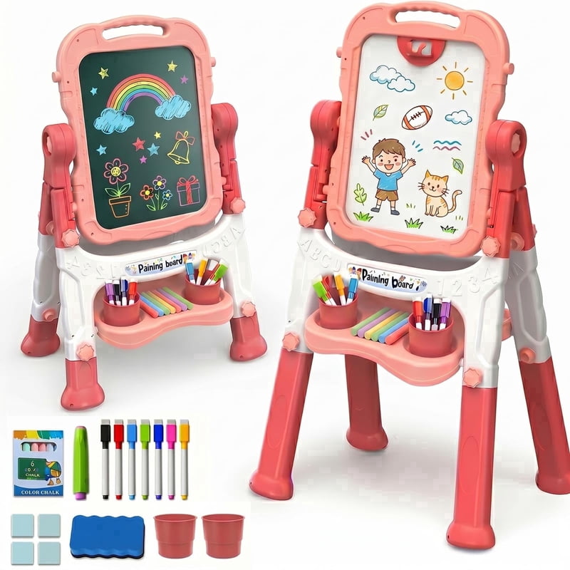 Kids Art Easel with Adjustable Height & 360° Rotation - Double Sided Drawing Board with Accessories, Pink