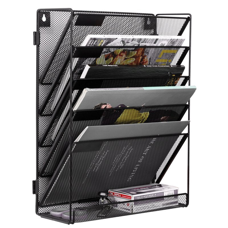 Mesh 5-Tier Wall Mount File Organizer with Bottom Tray for Office & Home