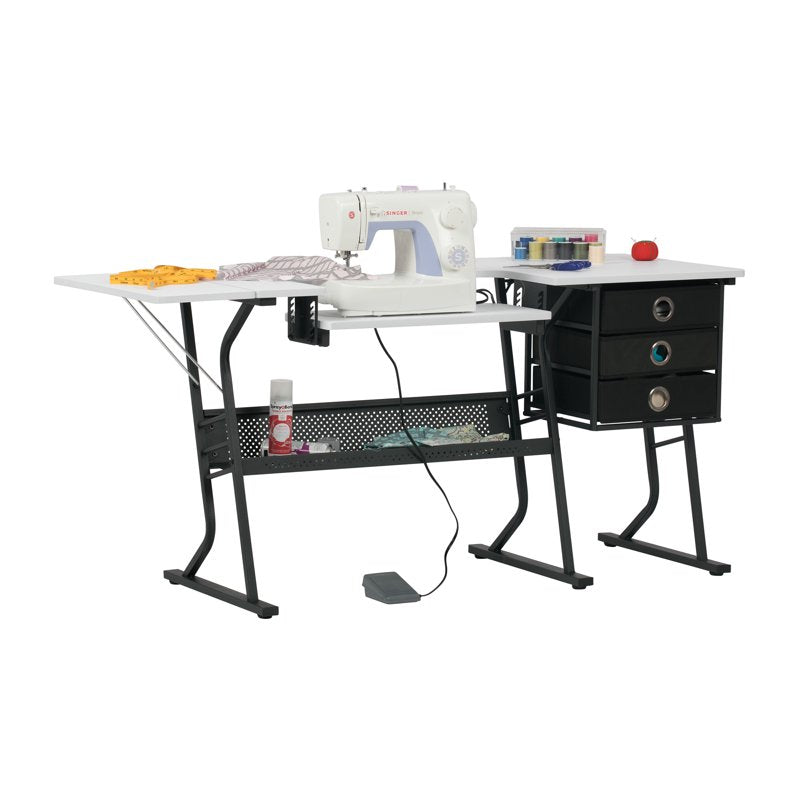 Adjustable Sewing Desk with Storage and Foldable Shelf - Black/White