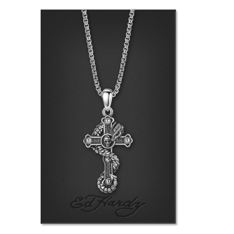 Men's Cross Pendant Necklace with Silver Tone Metal Chain - Ed Hardy