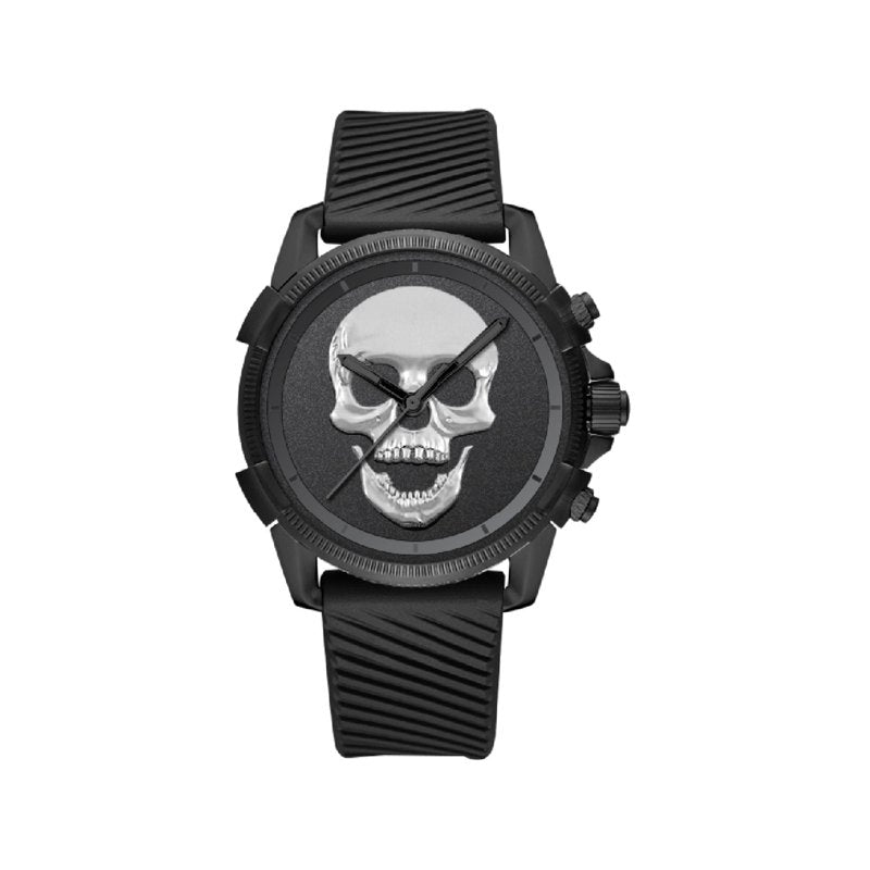 Men's Black Silicone Strap Watch 48mm with Skull Dial - Ed Hardy Style