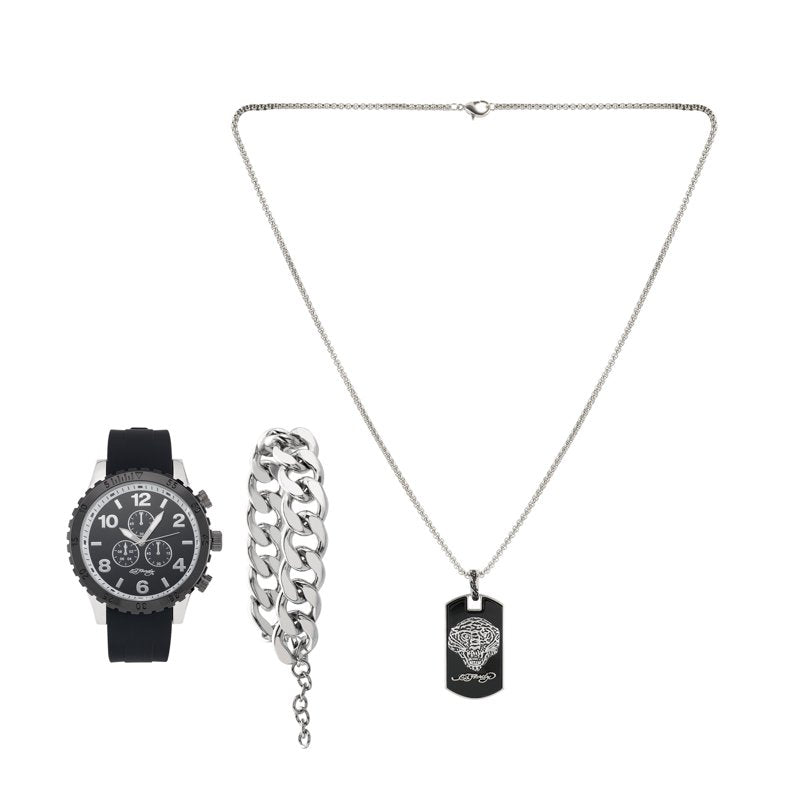 Men's Matte Black Silicone Strap 46mm Analog Watch with Necklace & Bracelet Set