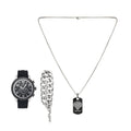 Men's Matte Black Silicone Strap 46mm Analog Watch with Necklace & Bracelet Set