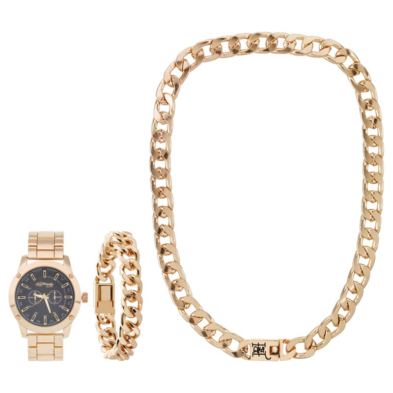 Men's Gold Metal Strap Watch Set with Necklace & Bracelet - 46mm