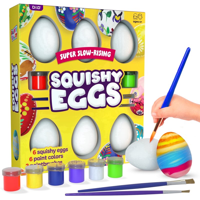 Kids Egg Painting Kit with 6 Squishies, Fabric Paint, Brushes - Easter Craft Set