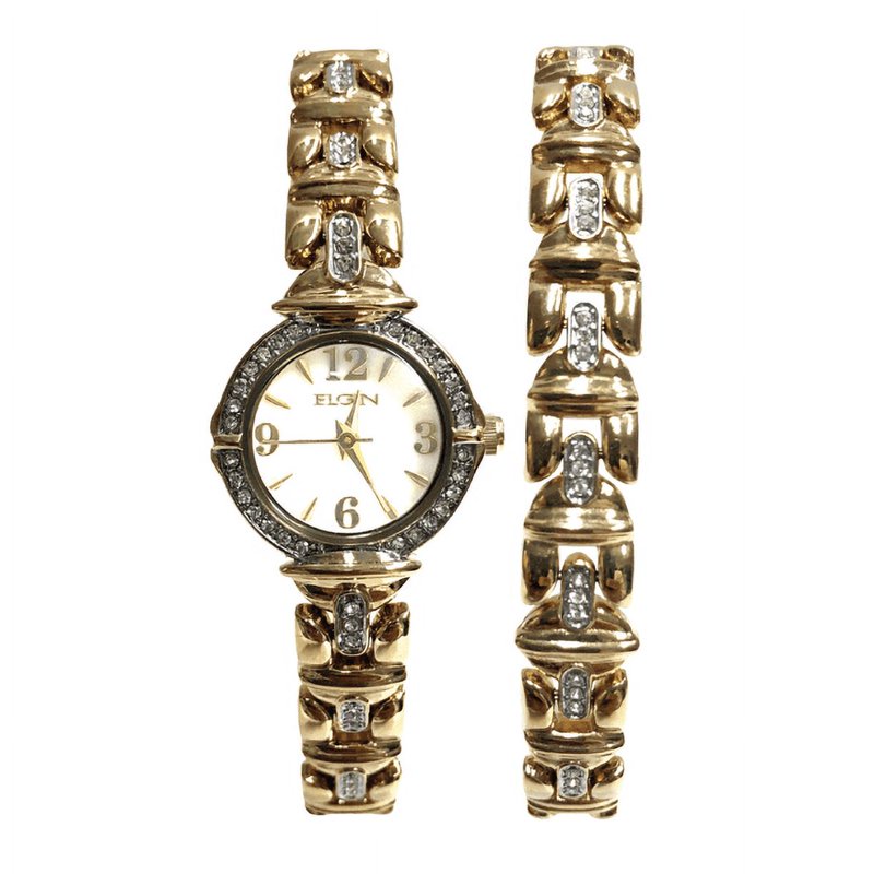 Gold Plated Women's Quartz Watch with Mother of Pearl Dial and Matching Bracelet Set