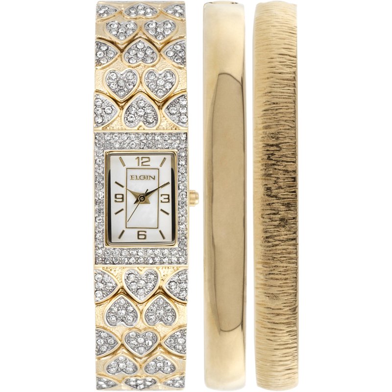 Elegant Women's Gold-Tone Mother of Pearl Crystal Double Bangle Watch Set