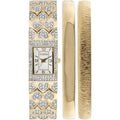 Elegant Women's Gold-Tone Mother of Pearl Crystal Double Bangle Watch Set