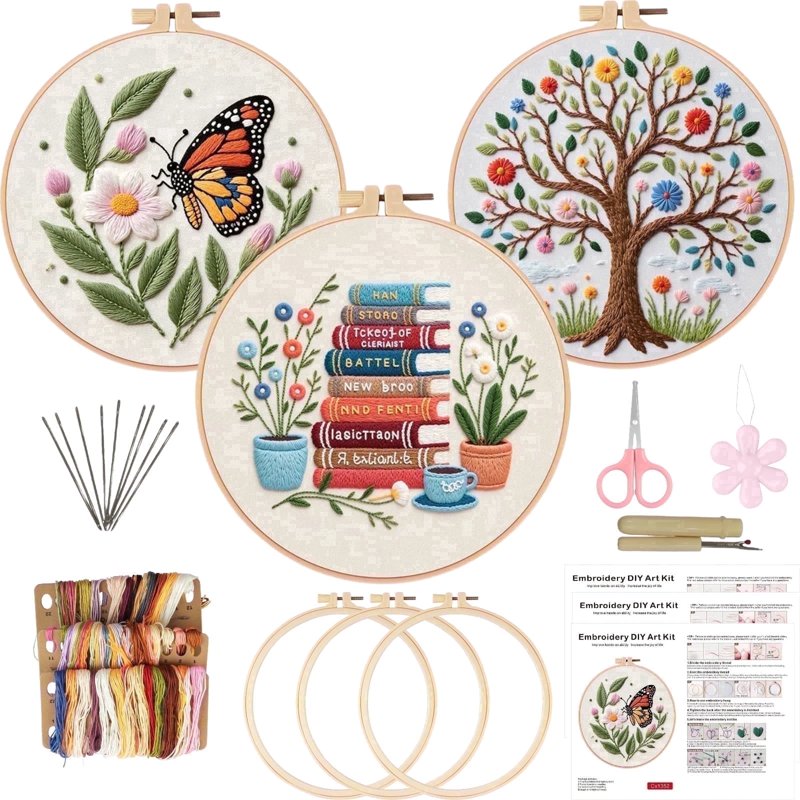 Embroidery Starter Kit for Beginners with Patterns, Threads, Needles & Hoops