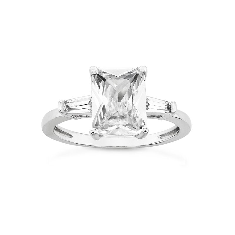 Emerald Cut Cubic Zirconia Ring in Sterling Silver - All Sizes