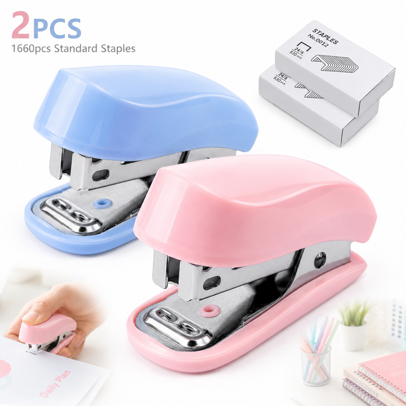 Mini Stapler with Staples and Remover - Compact Office Desk Tool in Blue & Pink