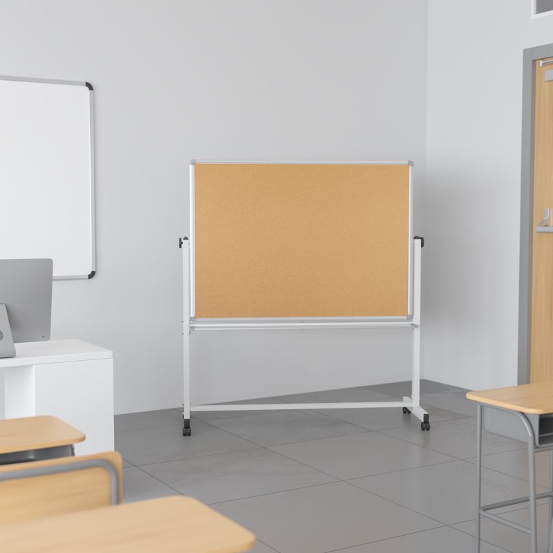 Reversible Mobile Cork Bulletin & Whiteboard with Pen Tray - Classroom & Office