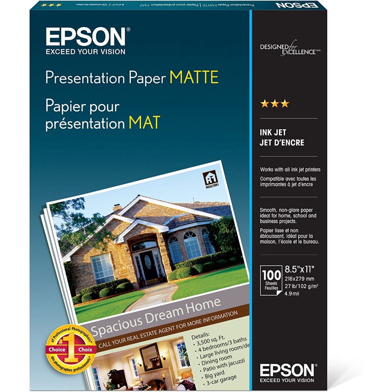 Epson Matte Presentation Paper, 8.5 x 11 Inches, 100 Sheets - Bright White Inkjet Paper for Flyers & Reports
