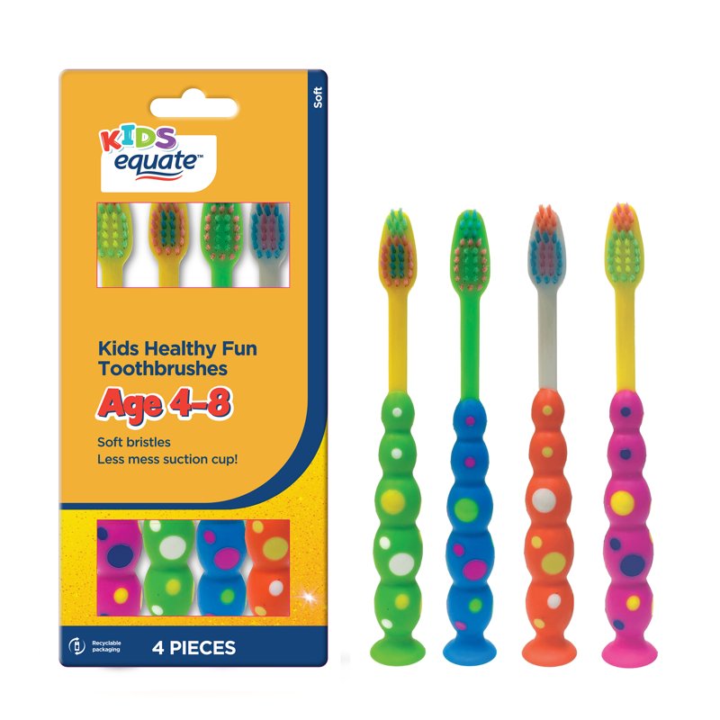 Kids Soft Manual Toothbrushes with Suction Cup Base - Pack of 4