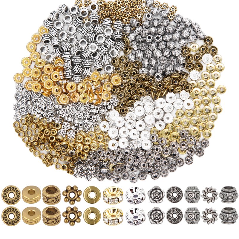600pcs Jewelry Bead Spacer Set - Silver & Gold Alloy Charms for DIY Bracelets & Necklaces
