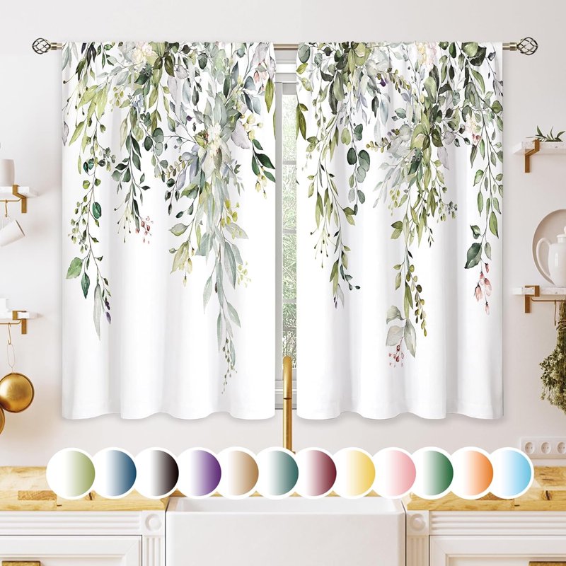 Eucalyptus Botanical Leaf Window Curtains for Kitchen & Bathroom - Sage Green, Blue, Burgundy, Gray - 27.5x39 Inch, Set of 2