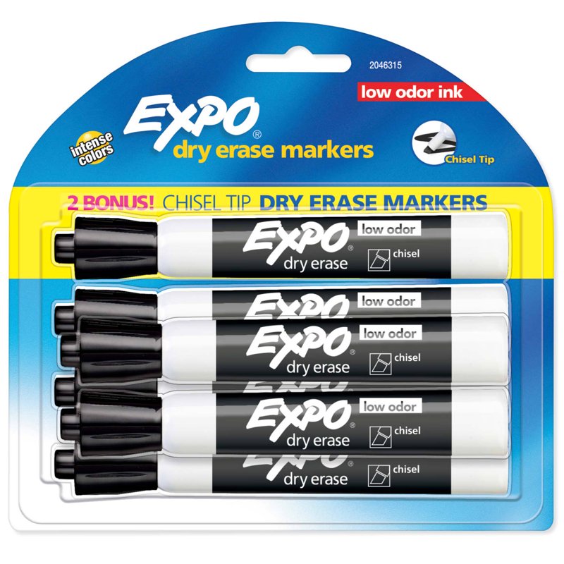 Dry Erase Markers with Chisel Tip - Black, Low Odor, 4 Pack