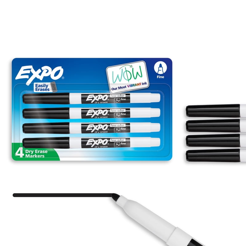 Dry Erase Markers Fine Tip Black 4 Pack - Low Odor, Office & Classroom Supplies