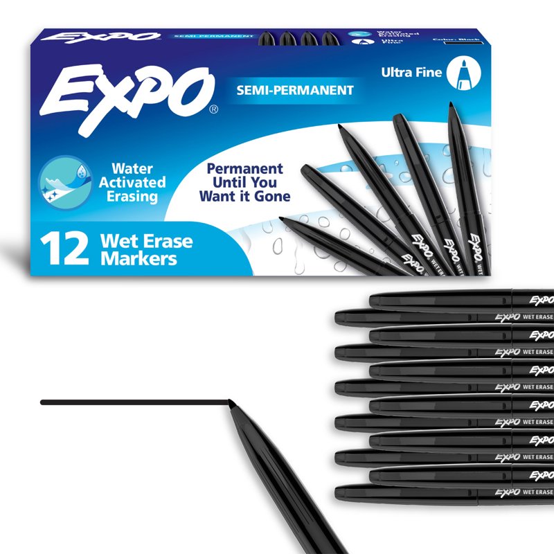 Wet-Erase Markers with Ultra Fine Tip - Black, Box of 12 for Reusable Surfaces